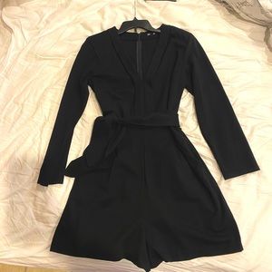 Express Black Blazer Romper with Tie Waist Sash